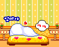 Animated contact sheet of 8 pixel-art frames showing two cartoon characters in a bedroom, progressing from sleeping to interacting with each other and displaying Korean text bubbles.