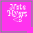 Four identical pink square with green borders display pixelated text and symbols, each showing a distinct symbol in the bottom-right corner