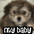 Pixelated close-up of a dog's face with brown and gray fur, black nose, dark eyes, and white text reading 'my baby' on a black background.