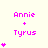 Pixelated pink text 'Annie + Tyrus' above a vertical stack of pink heart symbols on a pale yellow background, with heart count varying across frames.