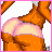 Pixel art contact sheet of an animated buddy icon featuring a cartoon character with orange skin, brown hair, and pink accessories in various poses including full-body views, close-ups, and text overlays.