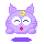 Pixelated purple cat-like avatar with closed eyes, yellow crescent on forehead, pink mouth, and floating musical notes in four variations.