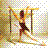 Pixelated figure in dynamic pose holding two staffs, surrounded by warm-toned background with checkerboard transparency.