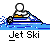Pixel art contact sheet of a jet ski animation with five frames showing water splashes and motion across blue, white, and yellow colors.