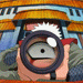 A cartoon character with spiky white hair holds a magnifying glass, showing an eye that changes expression across frames.