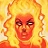 Pixelated portrait of a person with long blonde hair and red skin tones against a yellow background