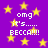 Purple background with yellow stars and repeated white text reading "omg it's..... BECCA!!!" in pixelated font.