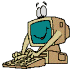 Animated cartoon character with computer monitor head typing on keyboard, displaying smiling face and blinking eyes.