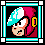 Pixel art character with pink hair, cyan and white headpiece, yellow earpieces, red clothing; framed by turquoise and white border on black background.