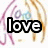 Pixelated icon with bold black text 'love' centered over a blurred background of pink and beige abstract shapes.
