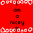 Red background with white pixelated border shapes and black text reading "am a nicey" repeated in three , each containing two identical vertical repetitions of the phrase