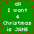 Green background with white pixelated text reading "all I want 4 Christmas is JANE" and scattered red star shapes.