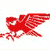 Red pixelated bird with outstretched wings and a branch in its beak against a light blue and white background.