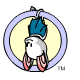 A circular icon with a light purple border and pale yellow background shows an animated character with white body, blue wings, pink legs, and small black eyes.