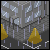 Pixelated cityscape with gray buildings, yellow trees, and falling rain, rendered in isometric perspective.