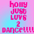 Pixelated text in bright pink on a gradient background of light blue and pink, reading 'holly just loves 2 dance!!!!!' arranged vertically.