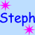 Light blue background with three instances of the name 'Steph' in blue and pink pixelated text, surrounded by four starburst shapes in pink, blue, and green.