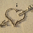 A heart-shaped sand drawing with an arrow piercing it, displayed in four showing text changes above the image