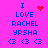 Pixelated text on bright pink background with blue and red symbols, showing 'I LOVE RACHEL YRSHA' repeated twice per frame.