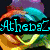 Pixelated icon with rainbow gradient background and cyan text reading 'Athena' on left, heart-shaped animation in center, green text 'Jenna W' on right.