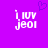 Purple background with white pixelated text 'i JUV jeoi' and a small purple heart symbol above the text on the left side.
