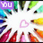 A colorful radial arrangement of crayons surrounds a central white starburst with a pink heart, with text labels changing across frames.