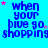 Blue background with repeated text "when your blue go shopping" in dark blue pixelated font, scattered pink and light blue stars, and a gray rectangle in bottom-right corner.