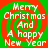 Four identical circular holiday-themed icons arranged in a , each displaying 'Merry Christmas And A happy New Year' text over red and green spiral backgrounds