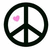 Black peace symbol with a small pink heart inside the left segment, and adjacent text reading "keep the peace<3" in black letters on bright pink rectangular backgrounds.