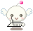 Pixelated white angelic figure with wings, holding a keyboard-like object, pink gem above head, gray background.