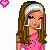 Pixel art featuring a girl with long brown hair, silver headband, pink polka-dot top, and black pants holding a pink bag; text reads 'crazy in love with Pink Pink' surrounded by small hearts.