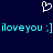 Pixelated blue text on dark background with white heart symbol above, repeating 'iloveyou :] iloveyou :]' in cyan letters.