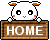 Pixel art of a white hamster-like character with orange ears and pink cheeks peeking over a wooden sign reading HOME, shown in two