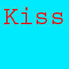 Blue rectangle with red text 'Kiss Kiss My' above a red background featuring purple tentacles and yellow starbursts labeled 'Kapow!' in black.