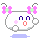 Pixelated character with pink flower antennae, white body, and purple eyes displays changing mouth expressions across four