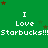 Green background with repeated 'I Love Starbucks!!!' text and brown/green stars, showing partial gray overlay on right edge.
