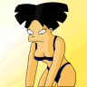 Pixelated cartoon character with black hair in two puffs, wearing a dark blue bikini top and bottom, standing against a yellow gradient background.