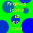 Green background with blue circles and yellow text reading "Franks icons is so cool" in pixelated font.