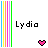Pixelated icon with vertical rainbow stripes on left, black text 'Lydio' in center-right, and pink heart symbol at bottom right.