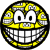 Pixelated circular icon with yellow and black border, white eyes with black pupils, and a wide grid-patterned grin showing white teeth.