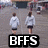 Two figures in white long-sleeve shirts and dark shorts stand side-by-side on a gray background with large black text reading BFFS at the bottom.