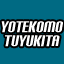 A static image displays multiple instances of the text 'YOTEKOMO TUYUKITA' in varying styles and colors against a teal background.
