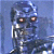 Pixelated figure with glowing red eyes, blue and white armor, and a sword, set against a blue background.