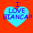 Four identical light blue heart-shaped icons with purple text "I LOVE BIANCA!!" on a solid red background, arranged in a