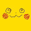 Yellow background with five cartoon faces showing red cheeks and black outlines, each with distinct eye shapes and mouth curves.