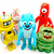 Four cartoon characters stand in a : yellow robot, pink figure, blue creature, red humanoid. The rightmost shows the bottom-right character missing