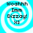 Four identical pixelated icons with cyan and white spiral backgrounds display black text reading "Woahhh Imm Dizzy! X)" in a