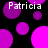 Black background with scattered purple and magenta circles; four instances of the text 'Patricia' in white pixelated font appear across the image.