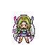 Pixelated character with blonde hair, white wings, green top, blue skirt, brown sandals, and purple outline on gray background.