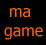 Black background with orange pixelated text 'ma game' on left, white baseball with purple stitching on right.